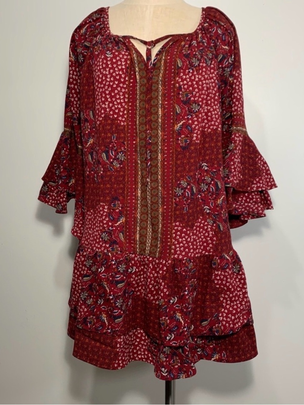 Umgee Burgundy Paisley Tiered Dress Flare Ruffle Bell Sleeve Lg Festival Peasant - Picture 8 of 8